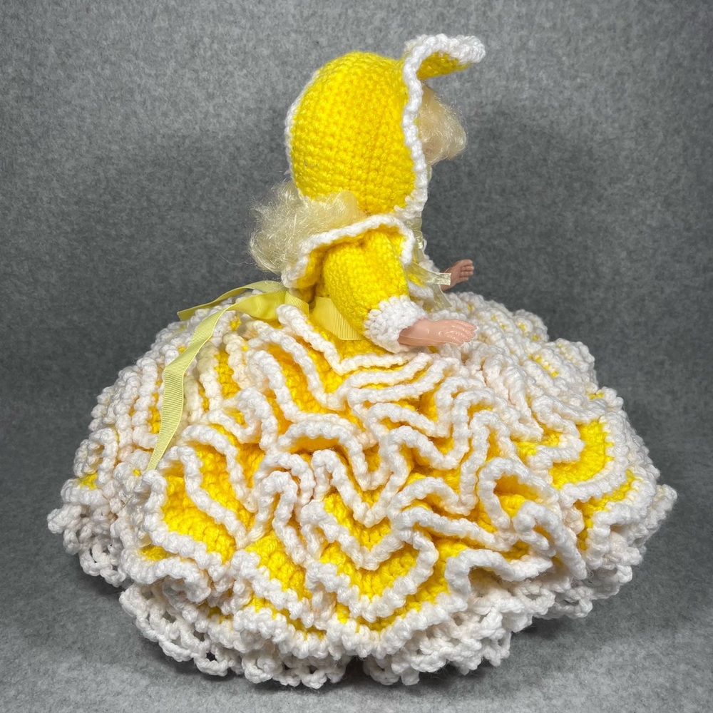 Vintage Bed Doll 13”‎ Handmade Crochet Yellow White Dress Bonnet Sleepy Eyes - Picture 6 of 16